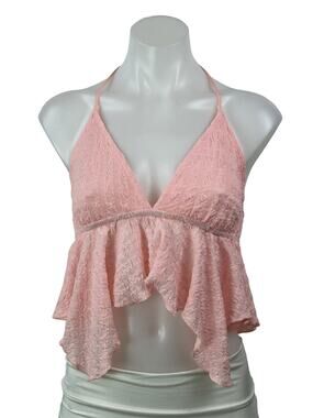 NEW Victoria + Sophia Pink Textured Halter Ruffle Asymmetric Crop Top Size S
